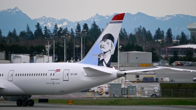 Boeing 787-9 Dreamliner (EI-LNI) - Greta Garbo graces the tail of the first B789 for Norwegian. BOE646 is taxiing to the Boeing North Ramp after completing its C1 flight on 2/16/16. (ln 400 / cn 37307).