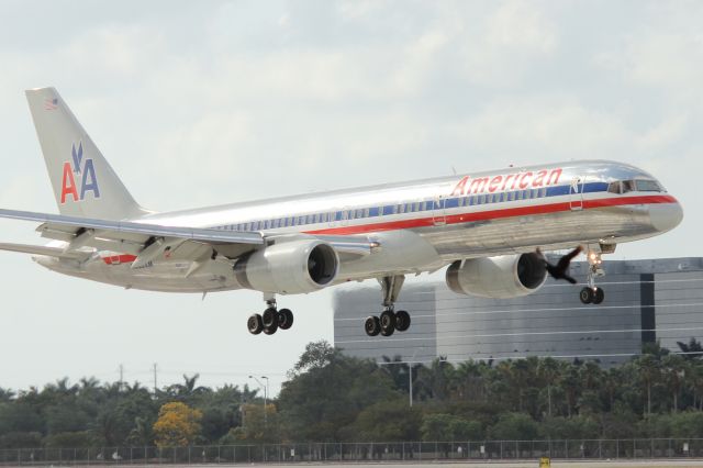 Boeing 757-200 (N660AM) - American flight 936 from Gregorio Luperon Intl on final for RWY 9. Taken from just east of El   Dorado Furniture. 3/31/13 (There also happens to be a bird in the picture, in front of where the engine is... The bird was far from the aircraft though)