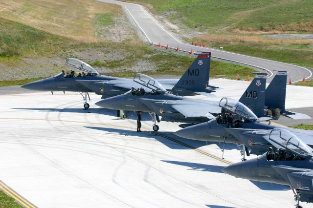 McDonnell Douglas F-15 Eagle — - KPAE - 4 Mountain Home F-15s at on the ramp at the Future of Flight/Boeing delivery center at Everett,WA Aug 5th, 2007 for Seafair week festivities. click full.