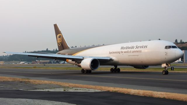 N327UP — - A 767-300F for United Parcel Service taxiing prior to taking off from BFI on 31L. Got a wave from the cockpit in this shot.