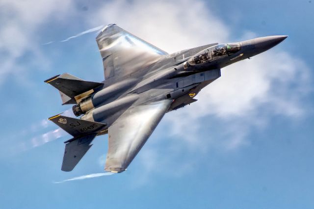 McDonnell Douglas F-15 Eagle — - An F-15E Strike Eaglebr / makes a pass at Robin AFB.