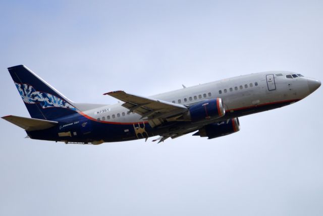 Boeing 737-500 (N735T) - Dynamic Aviation's third Boeing 737-500 converted for oil spill response executing a Missed Approach over 13 after shooting the RNAV 13 Approach. Still wearing the basic Aeroflot Nord/Nordavia livery.