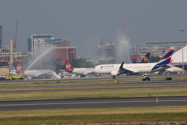 BOEING 767-300 (PT-MOD) - Inaugural arrival of Latam to Boston Logan to a water canon salute. 