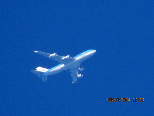 Boeing 747-400 (PH-BFT) - Korean Airlines flight 667 from AMS to IAH over Baxter Springs Kansas (78KS) at 38,000 feet.