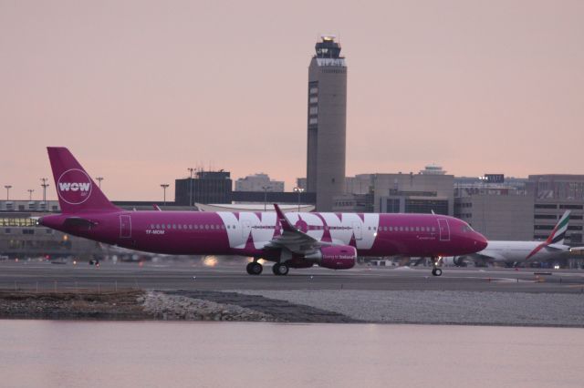 Airbus A321 (TF-MOM) - Inaugural arrival of WOW to Boston Logan at sunset.