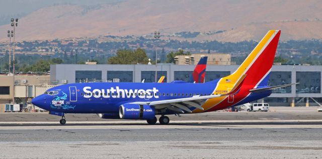 Boeing 737-700 (N553WN) - The nose gear tires of Southwests N553WN have just touched down on KRNOs runway 16R and the brakes, thrust reversers and dirty wings are all being employed to slow it down as the third of SWAs five special Shark Week-schemed fleetbirds pays a visit* to northern Nevada. br /* This arrival is actually the second time that the "Tiger Shark" scheme has been here. It made its first visit here just after midnight yesterday morning, and it left before 7 AM after a brief six-hour RON rest. I missed my chance to get a click of it yesterday, but the shot would have been taken in darkness anyway, so I am quite pleased that I had this opportunity to click it as seen here even though the daytime temp today hit triple digits. 