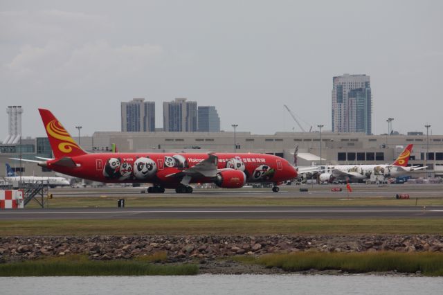 Boeing 787-9 Dreamliner (B-6998) - Hainan B789 (B-6998) Red Panda livery arrives to BOS while the first Panda livery B789 (B-1540) in back already at the gate. Two Pandas are better than one :) 