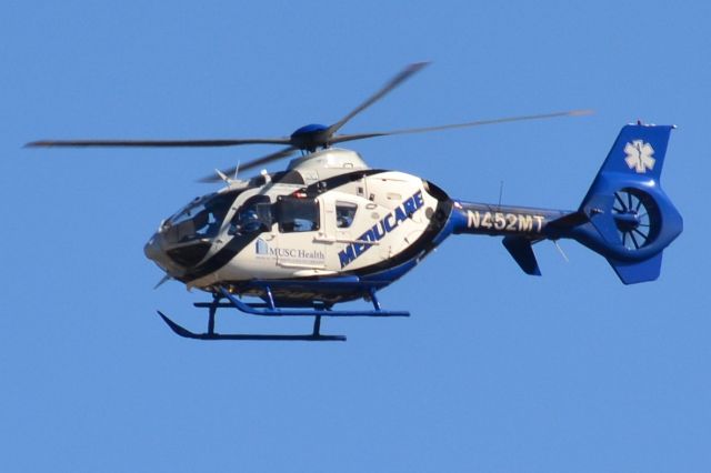 Eurocopter EC-635 (N452MT) - Eurocopter EC135P medivac helicopter departing Medicsl Univ of South Carolina over The Citadels Johnson Hagood Stadium on Saturday, 5 November 2016.