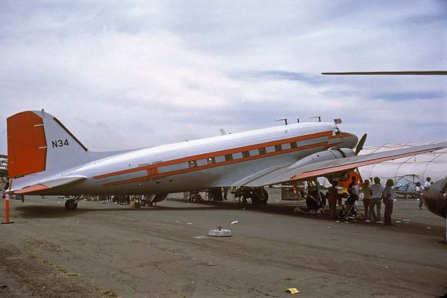 Douglas DC-3 (N34) - FAA Douglas DC-3C N34 at Brown Field near San Diego on May 22, 1988. Its Douglas construction number is 33359. It was delivered to the Army Air Corps as TC-47B-35 44-77027 and then transferred to the Navy as R4D-7 BuNo 99856.