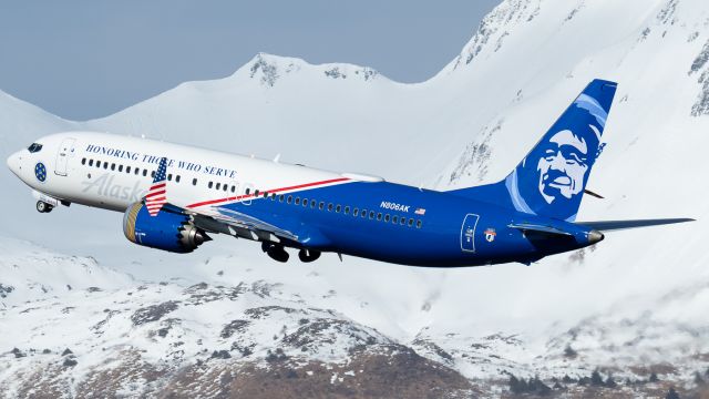 Boeing 737 MAX 8 (N806AK) - Alaska Airlines ASA88/AS88 to Anchorage (PANC/ANC) climbs out after a runway 29 departure with a snowy ridge in the background. This was the first visit of this aircraft to ADQ, painted in "Honoring Those Who Serve IV" livery.br /Photo date: 4/7/25br /Upload date: 7-1-25