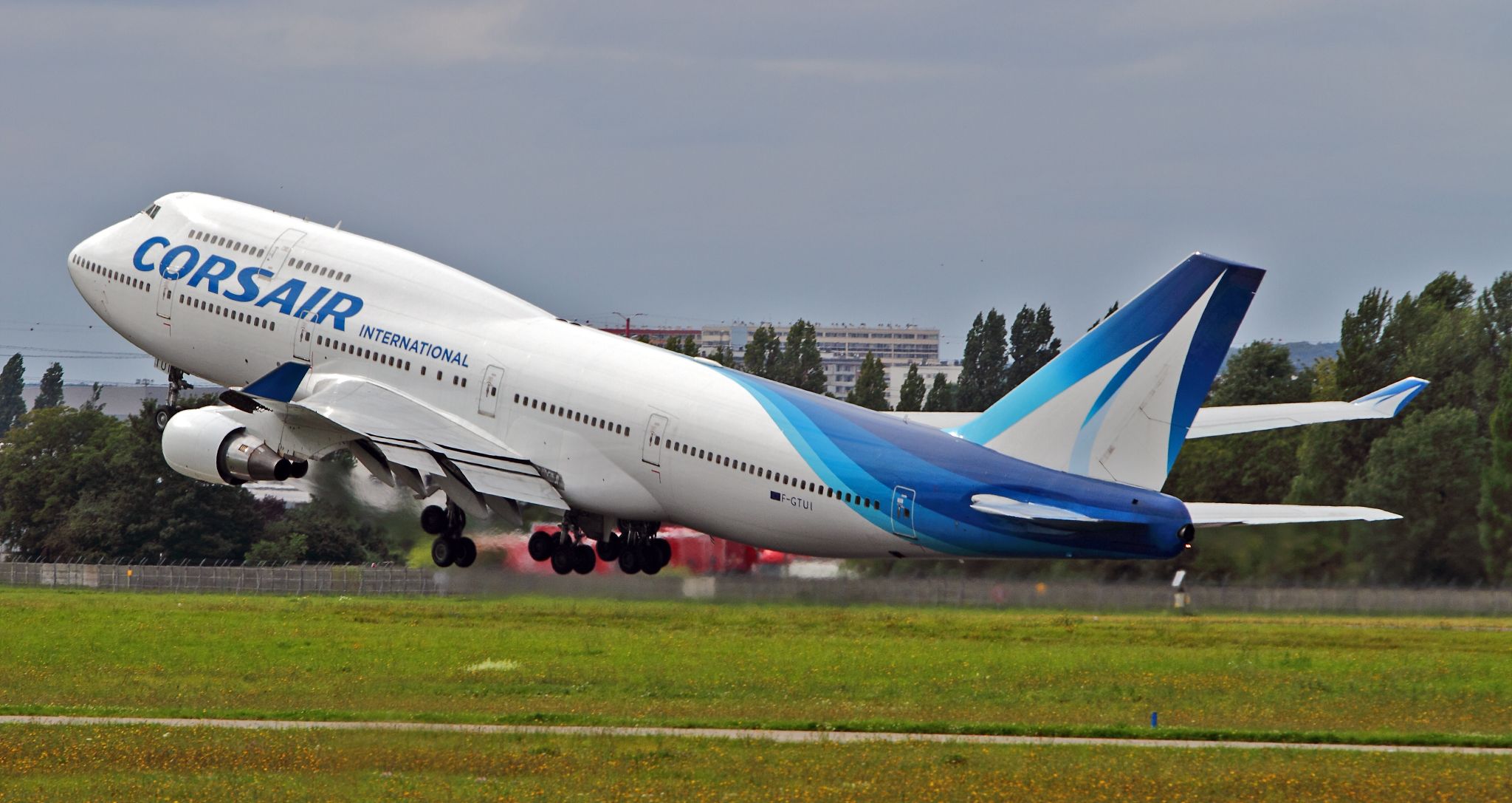 Boeing 747-400 (F-GTUI) - Take-off. View from "rue du Berger'