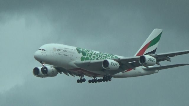 Airbus A380-800 (A6-EON) - An Emirates Airbus A380-861 with the EXPO 2020 titles approaches LAX on a rainy and cloudy day.