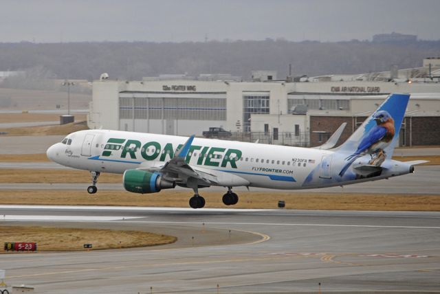 Airbus A320 (N230FR) - "Betty the Bluebird" arriving from Phoenix on 12/29/2019.
