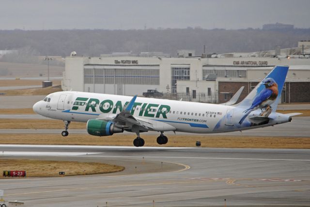 Airbus A320 (N230FR) - "Betty the Bluebird" arriving from Phoenix on 12/29/2019.