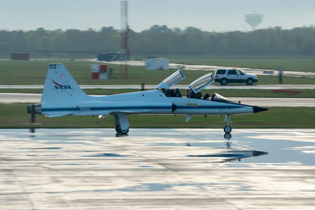 Northrop T-38 Talon (N903NA) - Astronaut Nicole Mann and the Deputy Director of Flight Operations, taxi out after thunderstorms in Houston for a training mission on 3/23/2021