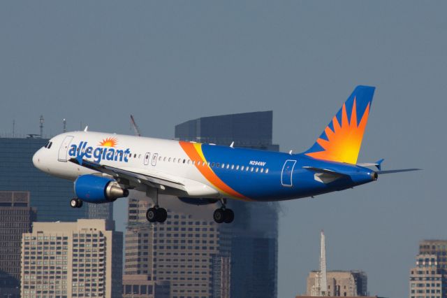 Airbus A320 (N294NV) - Allegiant Air A320 about to touchdown on Boston Logan's runway 22L on 9/6/20. The airline started new service from BOS on 9/3/20. 