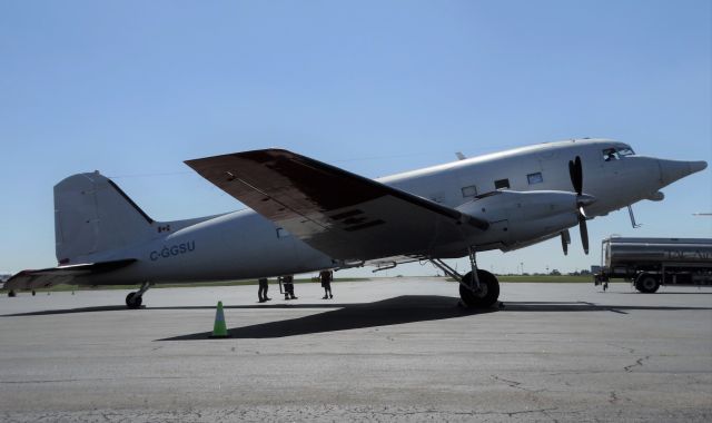 Douglas DC-3 (turbine) (C-GGSU) - Rare visitor. Originally built as a DC3/C47 in 1944 with a registration of 42-93518, but got remodeled into a Basler BT-67 later on in 2002. Between the 1st given registration in 1944 and current reg of C-GGSU, it was changed about 10+ times and was converted between military and commercial. It was/still might be owned by CGG Aviation, a natural resource/environmental company in Canada that does gas/oil exploration projects, but I think they gave up the aircraft recently. Their logo has been removed from the tail and the long stick (aka magnetometer tail boom) on the back is gone. The pointy radar nose is still on there though. Hope this info helps if you were wondering :)