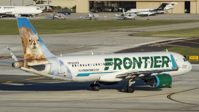 Airbus A320 (N232FR) - Sammy the Squirrel taxiing to depart runway 4