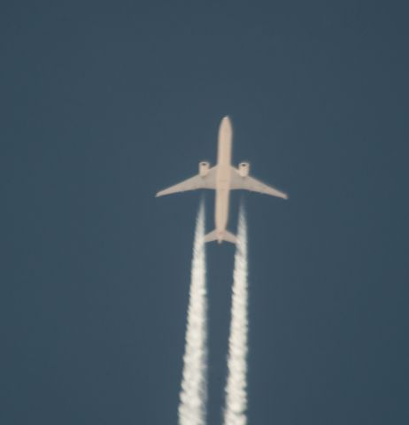 BOEING 777-300 (ETD171) - This is one of 3 flights from the Persian Gulf as seen mid day in Carson City. This flight only comes by every other day and typically has a flight path a bit more to the east. Today it flew directly overhead.