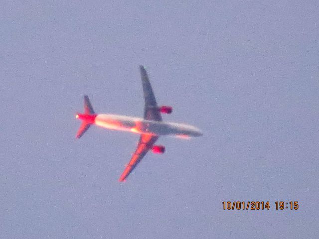 Airbus A320 (N835VA) - Virgin American flight 366 from LAX to BOS over Baxter Springs Kansas (78KS) at 37,000 feet.