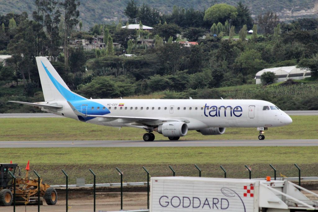 Embraer ERJ-190 (HC-COY) - TAME Linea Aerea del Ecuador (EQ) HC-COY ERJ-190 LR [cn 19000373]br /Quito Mariscal Sucre (UIO). TAME flight EQ194 just landed from Guayaquil José Joaquín De Olmedo (GYE). br /Taken airport departure level approach road.br /2018 04 06  a rel=nofollow href=http://alphayankee.smugmug.com/Airlines-and-Airliners-Portfolio/Airlines/AmericasAirlines/TAME-EQhttps://alphayankee.smugmug.com/Airlines-and-Airliners-Portfolio/Airlines/AmericasAirlines/TAME-EQ/a