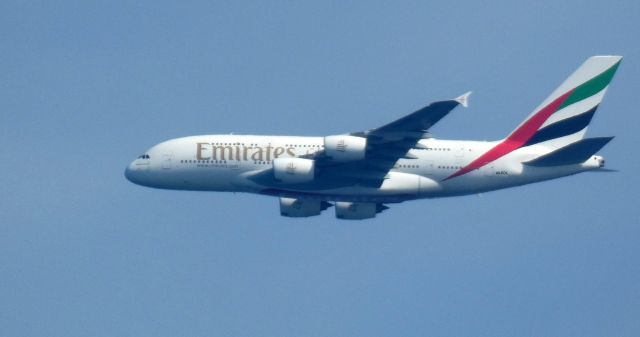 Airbus A380-800 (A6-EOL) - Aircraft out over the Ocean near Sandy Hook NJ, 19 air miles to JFK from the Summer of 2023.