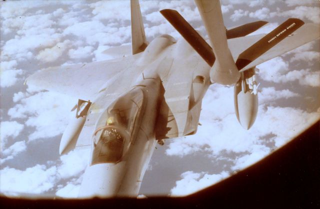 — — - F-15 breaking contact during refueling, over Gulf of Mexico. Tanker was from Barksdale AFB, La. Jan, 1977