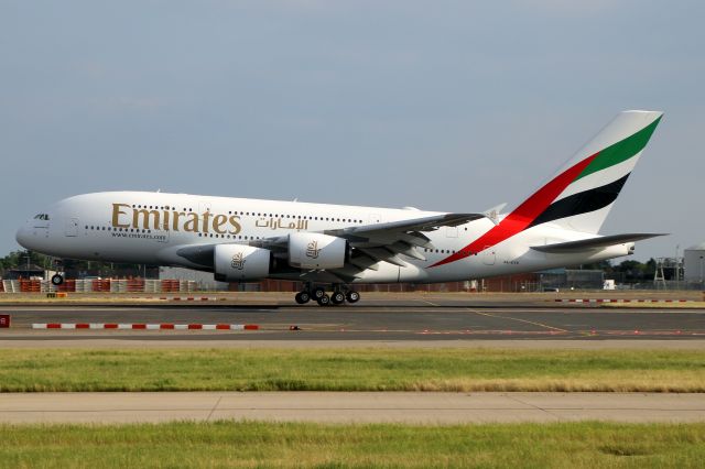 Airbus A380-800 (A6-EVO) - Touching down on rwy 09R on 23-Jun-21 operating flight UAE3 from OMDB on its first visit to EGLL.