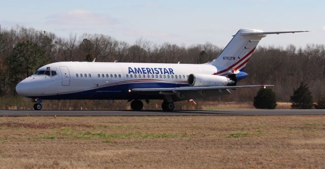 Douglas DC-9-10 (N783TW) - An Ameristar McDonnell Douglas DC-9-15F in new paint, on its landing roll after arriving at Boswell Field, Talladega Municipal Airport, AL - February 25, 2022.