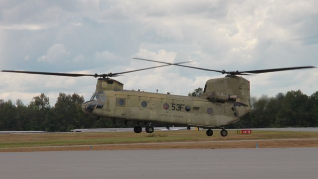 Boeing CH-47 Chinook (1108853) - I was not expecting to see an aircraft that has been on my bucket list for so long at such a small airport! This CH-47F is just lifting off out of Auburn University Airport in Alabama with callsign CARGO 31.