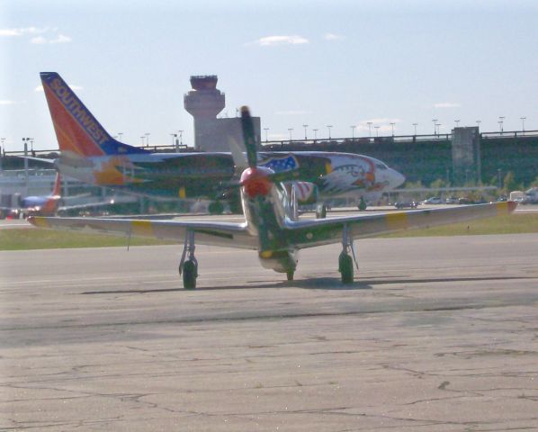 North American P-51 Mustang (N251MX) - N251MX Taxiing, with SWA American Eagle paint in background.