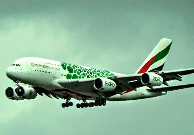 Airbus A380-800 (A6-EON) - On approach for LAX, with the "EXPO 2020" titles.