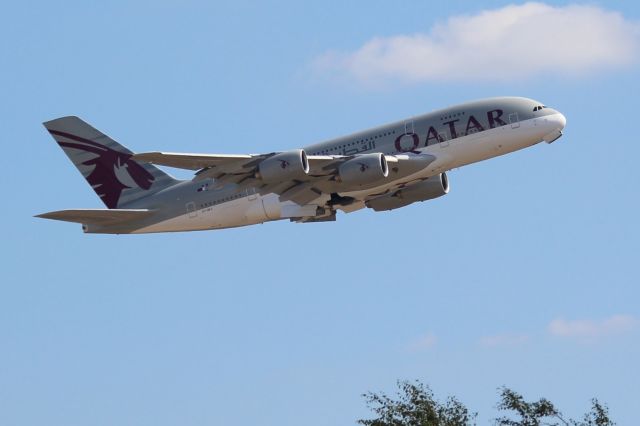 Airbus A380-800 (A7-APJ) - Qatar Airways (QR) A7-APJ A380-861 (cn254]br /London Heathrow (LHR). Qatar Airways flight QR4 climbs on take-off from Runway 27R for Doha Hamad International (DOH).  br /Taken from The Mound, Windsock Way. br /2018 08 02br /a rel=nofollow href=http://alphayankee.smugmug.com/Airlines-and-Airliners-Portfolio/Airlines/MIDDLE-EAST-AFRICA/Qatar-Airways-QRhttps://alphayankee.smugmug.com/Airlines-and-Airliners-Portfolio/Airlines/MIDDLE-EAST-AFRICA/Qatar-Airways-QR/a