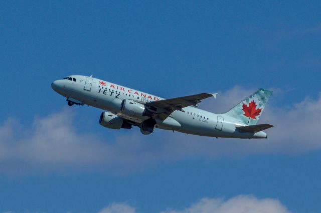 Airbus A319 (C-GBIK) - Air Canada JetZ 7081 is departing Runway 2C on a chapter to Phillidelphia at 3:47 PM EST.  JetZ is Air Canada's charter service.  This aircraft was on a March Madness charter.  The flight had arrived at 2:32 PM from Toronto as flight 7045.  Taken March 18, 2019 with a Nikon D3200.