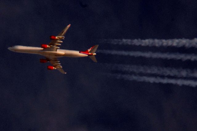 Airbus A340-600 (G-VWIN) - This is Virgin Atlantic Flight 673 a Airbus A-340-600 tail number G-VWIN Cincinnati to London at sunset over Brunswick OH at 39,000 ft. 682 mph 10.24.19.