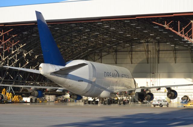 Boeing Dreamlifter (N718BA) - Boeing DreamLifter in the Premeir Avaition Services Hangar at Griffiss International Airport during 3 week visit for servicing in September 2013