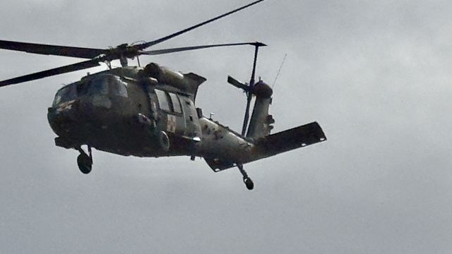 — — - Army Blackhawk UH-60 medavac helicopter was flying over the Turkey Creek Complex, Fort Carson, CO, February 6, 2024.