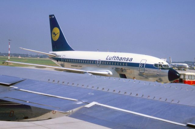 Boeing 737-100 (D-ABEW) - July 1969 at Düsseldorf (EDDL) - photo taken from inside Lufthansa B707-430 D-ABOC bound for JFK via Amsterdam