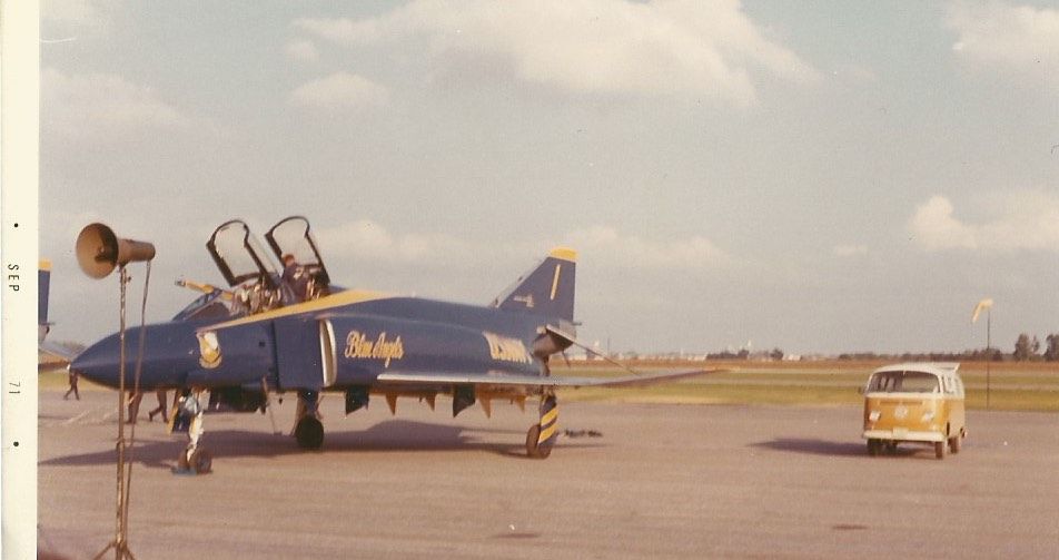 — — - The Blue Angels F-4J Phantom II appearing at an Airshow held back in 1971 at the Naval Air Station at Glenview, Illinois