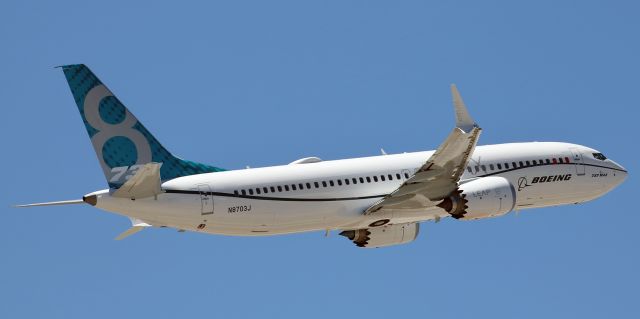 Boeing 737-800 (N8703J) - So new it hasnt even been delivered yet, this Boeing 737-8 Max (1A003, flying as "BOE3"), climbs out from runway 34L yesterday afternoon and heads back toward the Pacific Northwest after landing and taking off a few times in the 100+ degree heat at Reno Tahoe International.