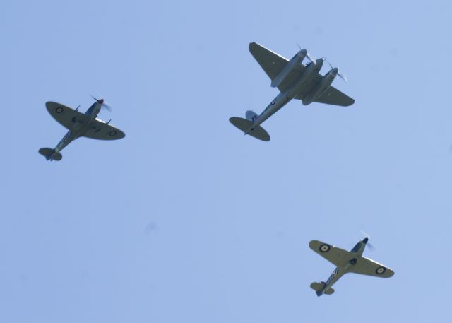 De Havilland Mosquito (N114KA) - Mosquito, Spitfire N730MJ, and Hurricane N943HH overhead. An amazing Warbirds over the Beach 2021 airshow at Jerry Yagen’s Military Aviation Museum at Pungo, VA near Virginia Beach, 2-3 October 2021. If you’ve never attended one of his airshows, you ought to check it out. Multiple formations of US Army Air Corps, US Navy, RAF, and German aircraft. With Covid, this show was a combined WWI, WWII, etc. airshow. 