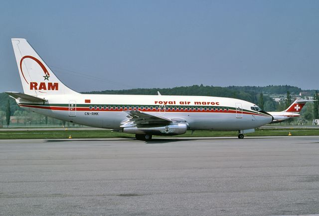 CN-RMK — - ROYAL AIR MAROC - RAM - BOEING 737-2B6/ADV - REG CN-RMK (CN 2126/456) - ZURICH (KLOTEN) SWITZERLAND - LSZH 35MM SLIDE SCANNED WITH AN EPSON V700 PERFECTION SCANNER AT 6400 DPI.