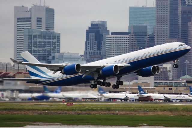 Airbus A340-500 (VP-BMS) - Sands Hotel A340 departing BOS on 6/2/22. 