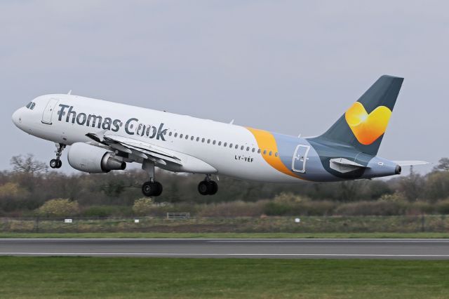 Airbus A320 (LY-VEF) - TCX1152 departs to Paphos with the flight operated by LY-VEF, leased in from Avion Express.