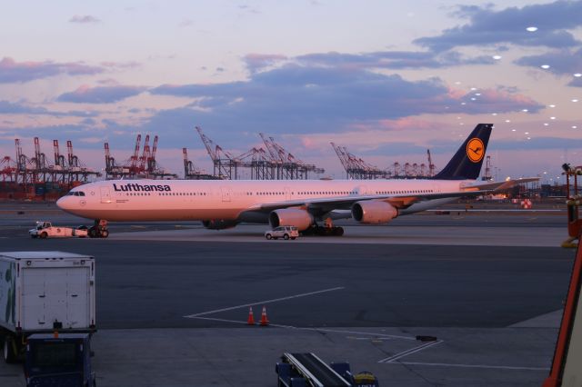 — — - Lufthansa Airbus 340 pushing out at EWR Sunday 29 Jan.