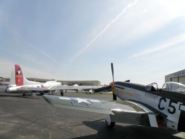 North American P-51 Mustang (N3751D) - Hurry Home Honey (N3751D), a restored P-51D based at Air 51 FBO at KLEX overwatches the EAAs Aluminum Overcast (N5017N) on the tarmac at a href=http://www.aviationky.org/The Aviation Museum of Kentucky/a...