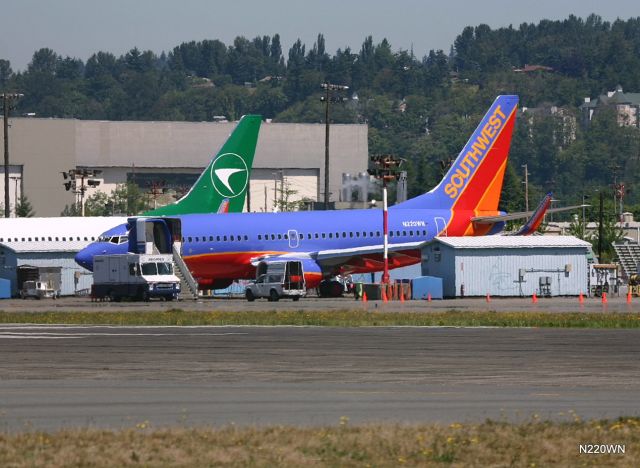 Boeing 737-700 (N220WN) - KRNT - New 737-700 for Southwest on the flightline at Boeing-Renton 7/21/2005.