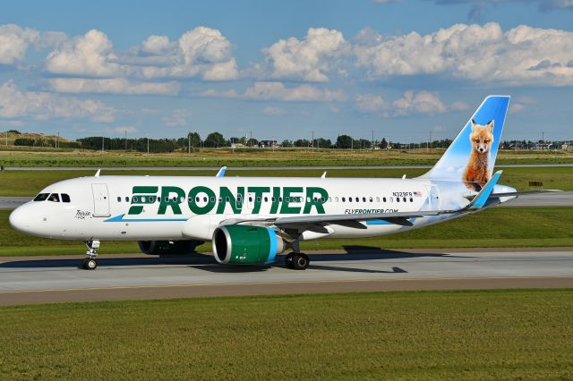 Airbus A320neo (N329FR) - Frontier "Trixie the Fox" taxiing to 17L at YYC on June 17.