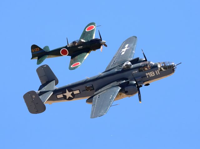 North American TB-25 Mitchell (N5865V) - This PBJ-1J, “Semper Fi” is the marine version of the B-25 and is the only known surviving PBJ-1J flying in formation with a Mitsubishi A6M3 Zero, one of only five in flying condition in the world, three of which are in the United States..br /Tahoe-Truckee Air Show - 06/22/24br /br /More information on the TB-25 is at this link: https://www.cafsocal.com/our-aircrafts/our-aircraft-and-history/north-american-pbj/br /br /More information on the A6M3 is at this link: https://www.cafsocal.com/our-aircrafts/our-aircraft-and-history/mitsubishi-a6m3-zero/