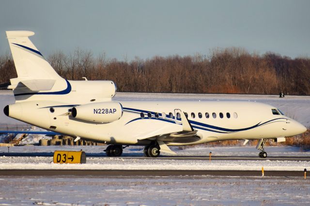 Dassault Falcon 7X (N228AP) - Privately owned Dassault Aviation Falcon 7X departing the FBO ramp at the Buffalo Niagara International Airport before heading to Teterboro (KTEB) on February 3rd 2021br /br /** First Photos of N228AP on FlightAware **